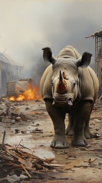 A painting of a rhino standing in front of a fire. AI.
