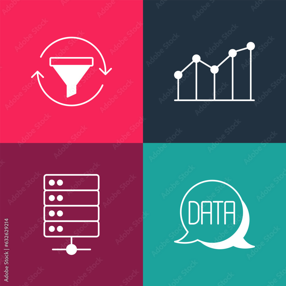 Poster set pop art data analysis, server, pie chart infographic and sales funnel with icon. vector
