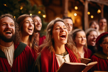A joyful group of people singing festive songs and hymns  - obrazy, fototapety, plakaty