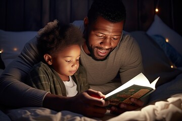 Happy afro american family reading story in the bed at night. Father and son spend time together. Father's Day - obrazy, fototapety, plakaty