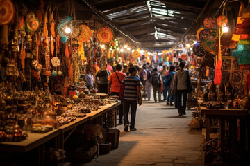 A vibrant bazaar filled with stalls selling traditional crafts and artworks 