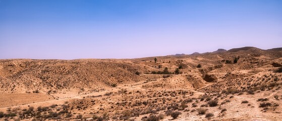 Panorama of the beautiful desert landscape of the south of Tunisia in Africa