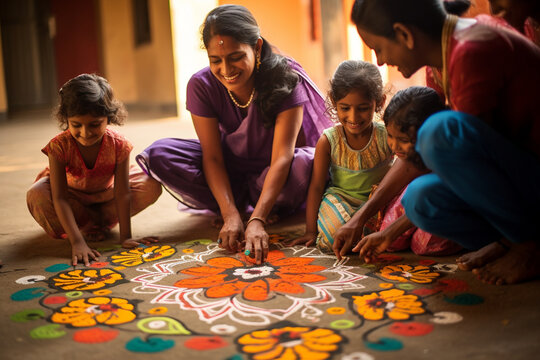 A family adorning their doorstep with a colorful rangoli design 