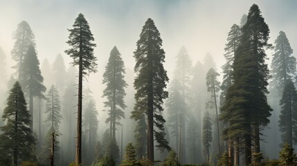 fog rolling mysterious giant sequoia forest california trees vanishing upwards generative AI