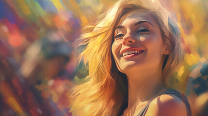 happy smiling young woman on abstract colorful background, illustration in abstract impressionism style. Generative AI.
