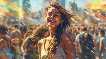 Fototapeta na wymiar happy smiling woman with long hair dancing in a disco close-up, illustration in abstract impressionism style. Generative AI.