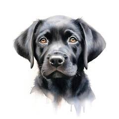 Cute black labrador portrait, front view, isolated on white background. Digital watercolour illustration.
