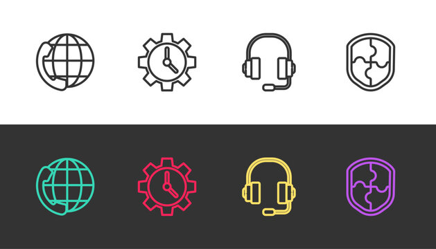 Set line Telephone 24 hours support, Time Management, Headphones and Shield on black and white. Vector