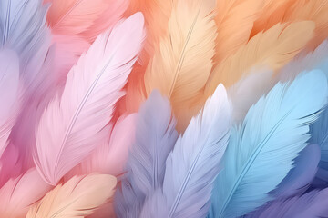 Obraz premium Pastel colour feather abstract background wallpaper. Many multicolored feathers in pastel light colors palette.