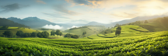 tea plantation at dawn. Generative Ai.