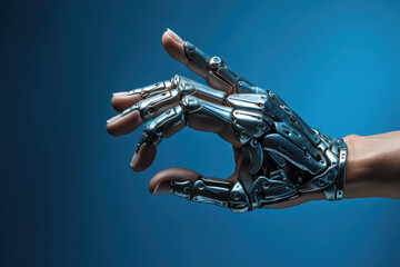 One Futuristic Robotic hand isolated on flat blue background with copy space.