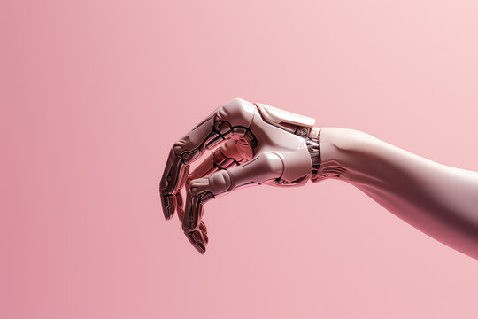 One Futuristic Robotic hand isolated on flat pink background with copy space.