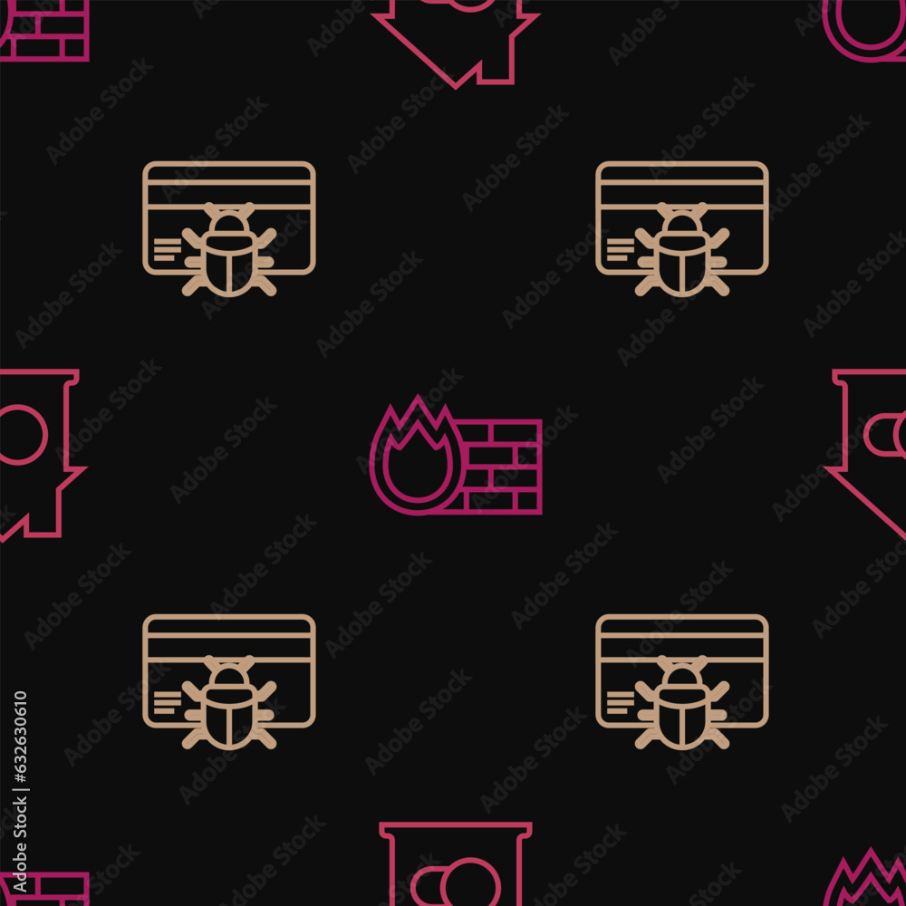 Poster set line smart home, system bug in credit card and firewall, security wall on seamless pattern. vect