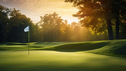 golf course green with flag sunrise generative AI