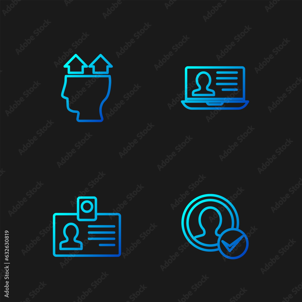 Poster set line create account screen, identification badge, user of man and laptop with resume. gradient c