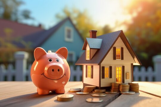 Piggy bank, miniature house and coins on top of table with house in the background, real estate investment concept, Generative AI