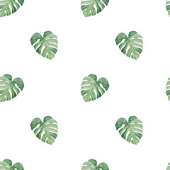 Tropical watercolor seamless pattern. Exotic leaves summer background. 