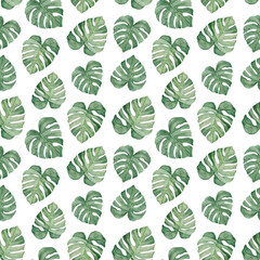 Tropical watercolor seamless pattern. Exotic leaves summer background. 