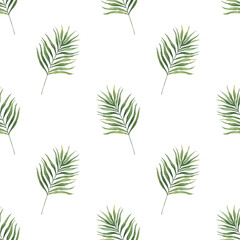 Tropical watercolor palm leaves seamless pattern. Exotic leaves summer background. 