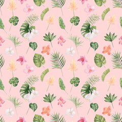 Tropical watercolor seamless pattern. Exotic leaves and flowers digital paper on pink background. 