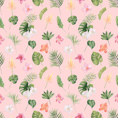 Tropical watercolor seamless pattern. Exotic leaves and flowers digital paper on pink background. 