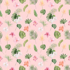 Fototapeten Tropical watercolor seamless pattern. Exotic leaves and flowers digital paper on pink background.  © Tanya Trink