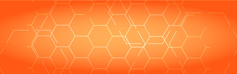 Abstract orange hexagonal technology banner. Medical horizontal abstract wide background with hexagonal elements. Innovation medicine, healthcare hi-tech design.