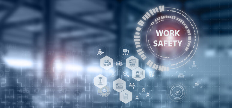 Workplace safety technology for zero accidents concept. Workplace safety technology in production process with safety culture and training, safety technology, protections, health care, regulations.