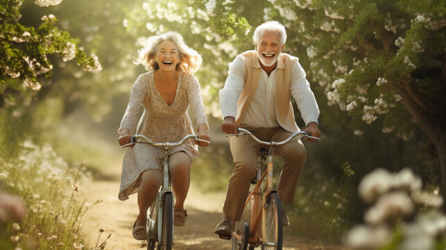 Happy Mature Couple Riding Bicycles In Park. Active Lifestyle.