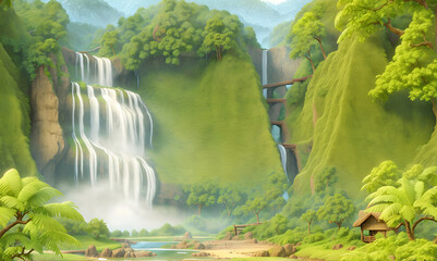 Beautiful waterfall scenery in rain forest nature landscape illustration. Scene with mountains and river. Waterfall in jungle with trees and mountains. Rain forest landscape with waterfall 
