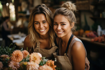 Advertising photo of flower shop staff posing and smiling at camera. Generative AI