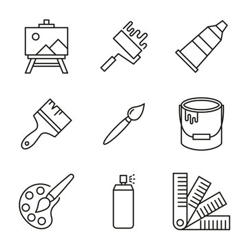Vector set of icons related to drawing and brushes. Paint bucket symbol, palette, easel, paint roller in lineart style. Editable stroke.