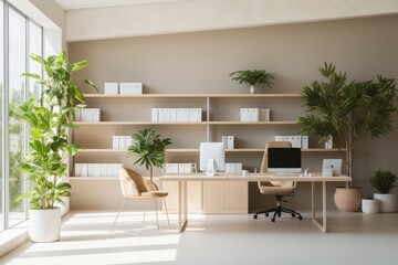 Fototapeta na wymiar Modern workplace in bright Scandinavian interior, computer and keyboard on wooden table. Generative AI.