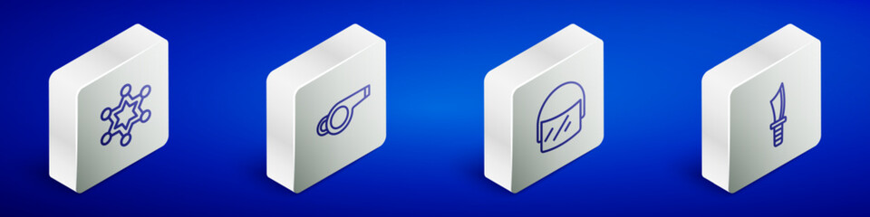 Set Isometric line Hexagram sheriff, Whistle, Police helmet and Military knife icon. Vector