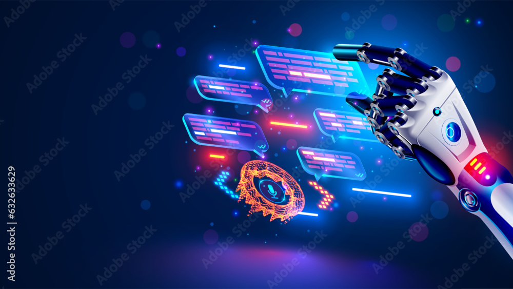 Poster Business chatbot programming development. Robot chatbot holds chat bubble in hand. Online virtual bot with AI selects answer options in messenger or social networks. AI chat bot chatting with customer