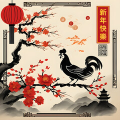 Chinese ink painting, Happy Chinese New Year. Year of the rooster. Branch, flowers, lantern, new year scroll, pagado, and mountain.