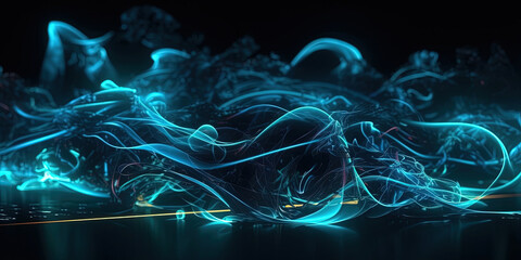 Very Detailed of Cyan Color Neon Liquid Smoke Abstract Background AI Generative