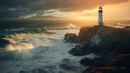 Crédence de cuisine en verre imprimé Noir lighthouse standing alone on oceanside cliff generative AI