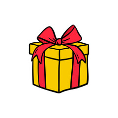 Vector hand drawn gift box with bow icon. Present wrapped with red ribbon in doodle style.
