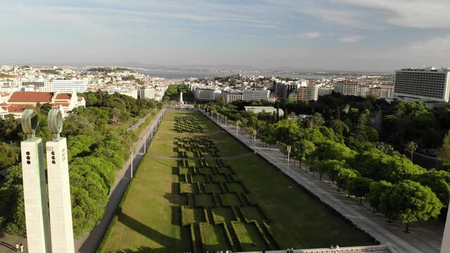 Parque Park Eduardo VII in Lisboa Portugal. Aerial drone view. Flying over. High quality 4k footage