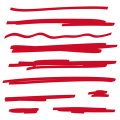 Red highlighter marker strokes. Vector brush pen underline lines.