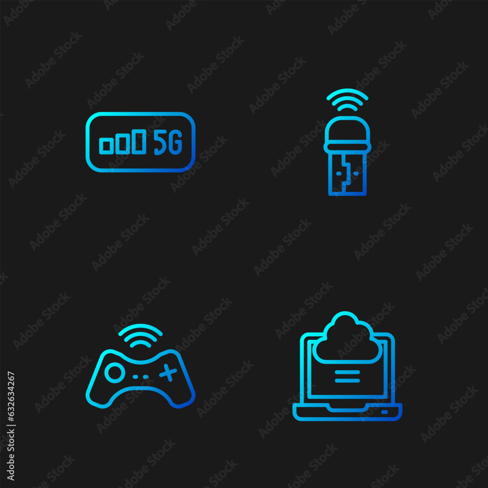 Poster set line network cloud connection, wireless gamepad, 5g wireless internet and usb adapter. gradient 