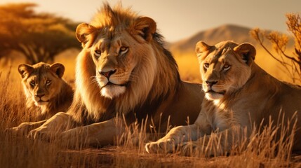 lion pride relaxing on savanna generative AI