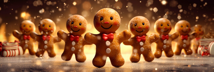 Banner with Gingerbread Men. Generative AI. Hilarious Gingerbread Human Shapes. Header for website, event, corporate party. - obrazy, fototapety, plakaty