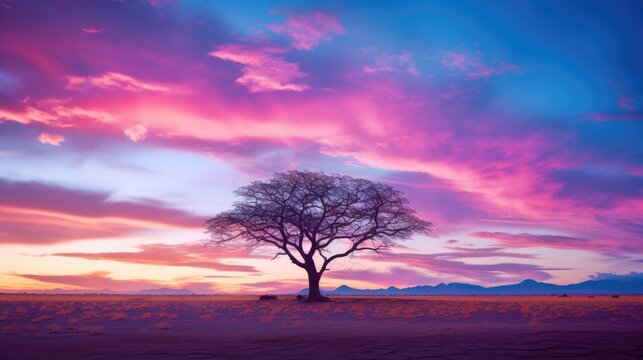 lone tree silhouetted against sunset orange and purple sky arizona sonoran desert landscape panoramic southwest generative AI