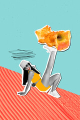 Vertical collage of black white effect mini girl leg hold eaten apple fruit core isolated on drawing divided teal red background