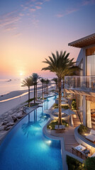 Hôtel de luxe au bord de mer avec piscine et palmiers au moment du coucher de soleil sur la plage