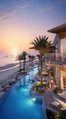 Stickers pour porte Lavende Hôtel de luxe au bord de mer avec piscine et palmiers au moment du coucher de soleil sur la plage