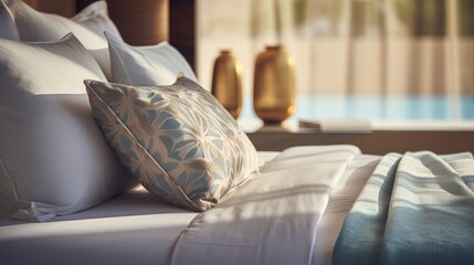 made tidy bed with pillows in resort hotel room generative AI