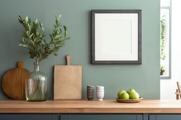 A beautiful green kitchen wall and a blank picture frame on the wall. (Generative AI)